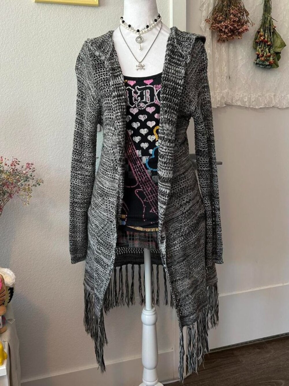 Y2K Bongo Gray Knit Long Sleeve Hooded Cardigan